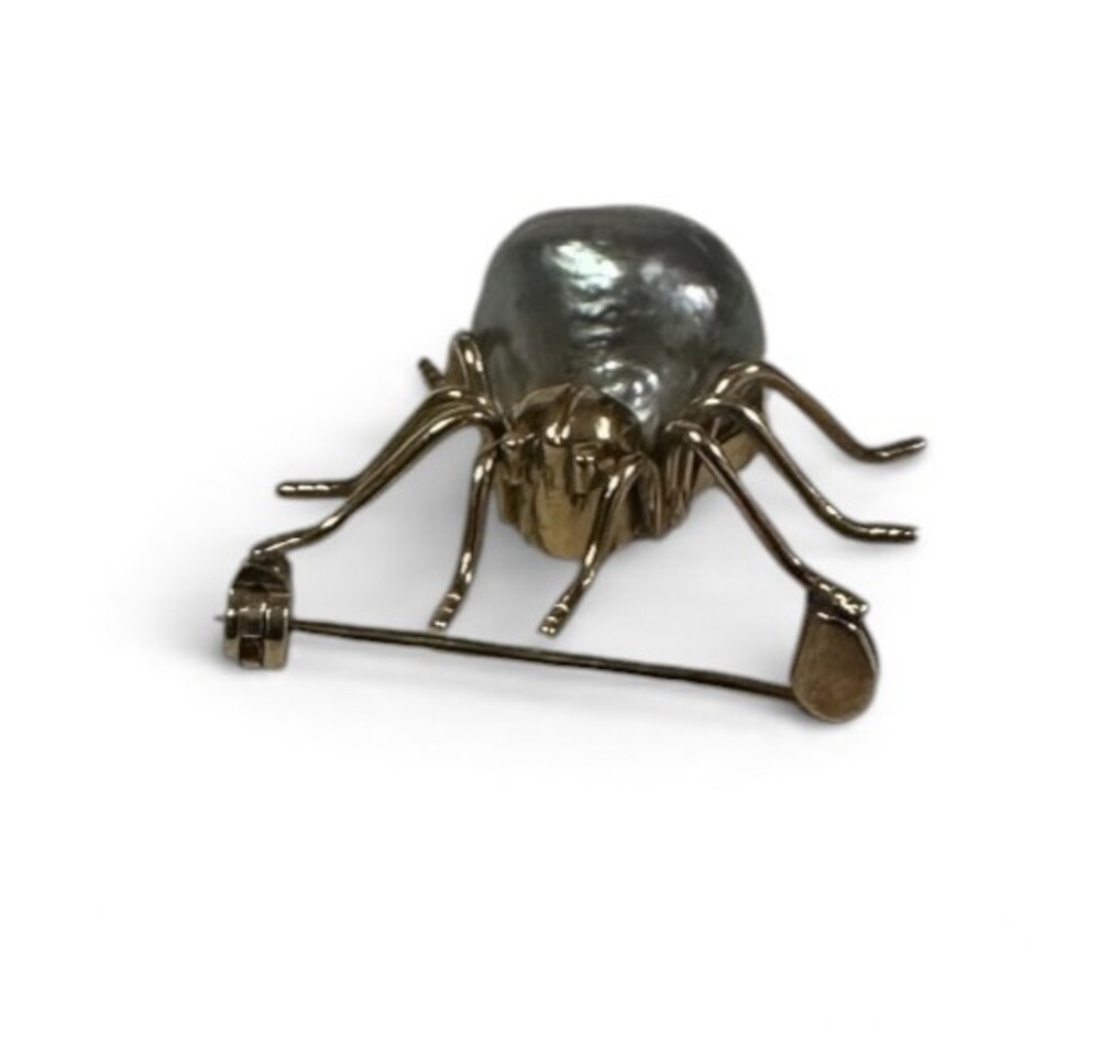 Vintage 14k Spider Brooch Large Baroque Pearl Body